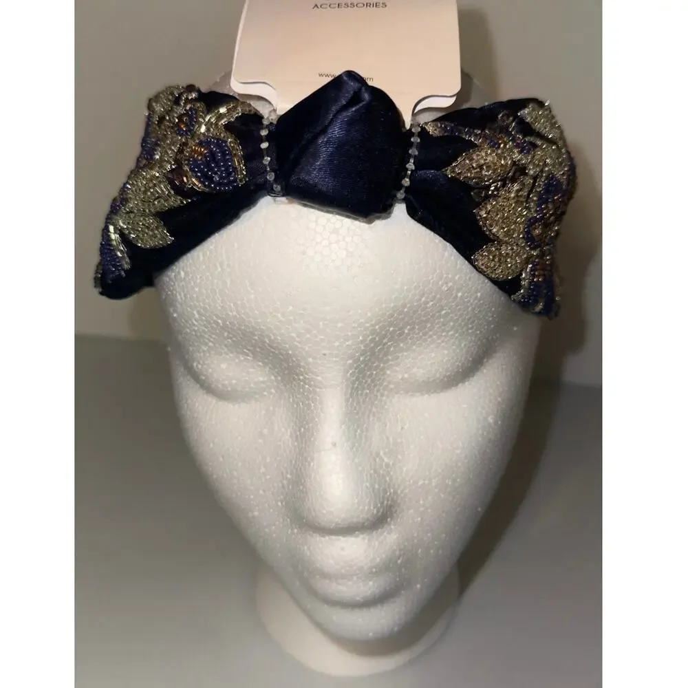 Embellished Beaded Floral Knot Headband – Navy Blue & Gold NWT